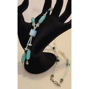 Beautiful SW Glass Teal Blue art glass w REAL‎ PEARLS Bolo Tie Style NECKLACE